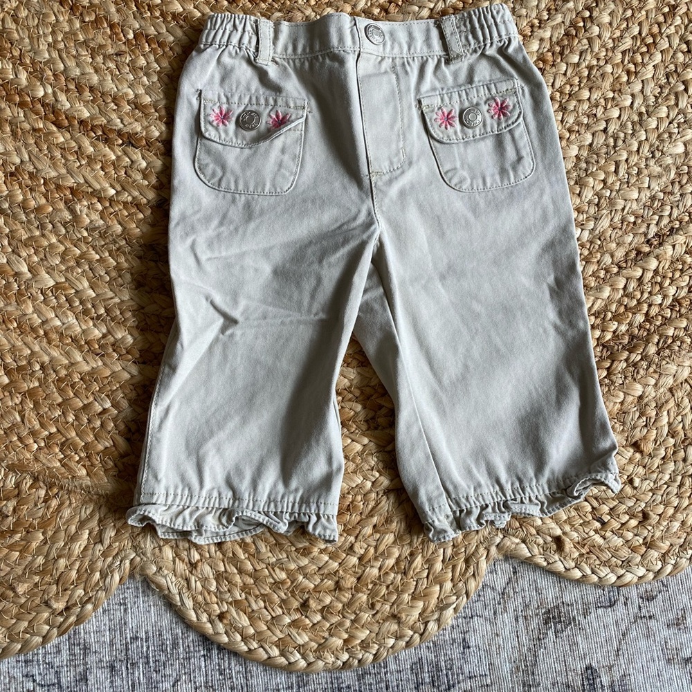 Vintage Cherokee Baby khaki Pants 9M Flower Embroidery Elastic Waist Pockets